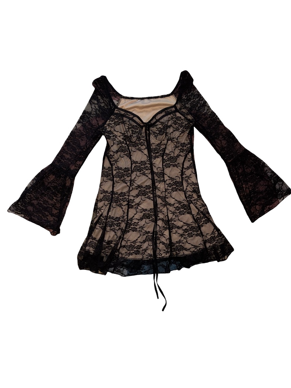 Black Lace Overlay Bell-Sleeve Dress with Nude Lining